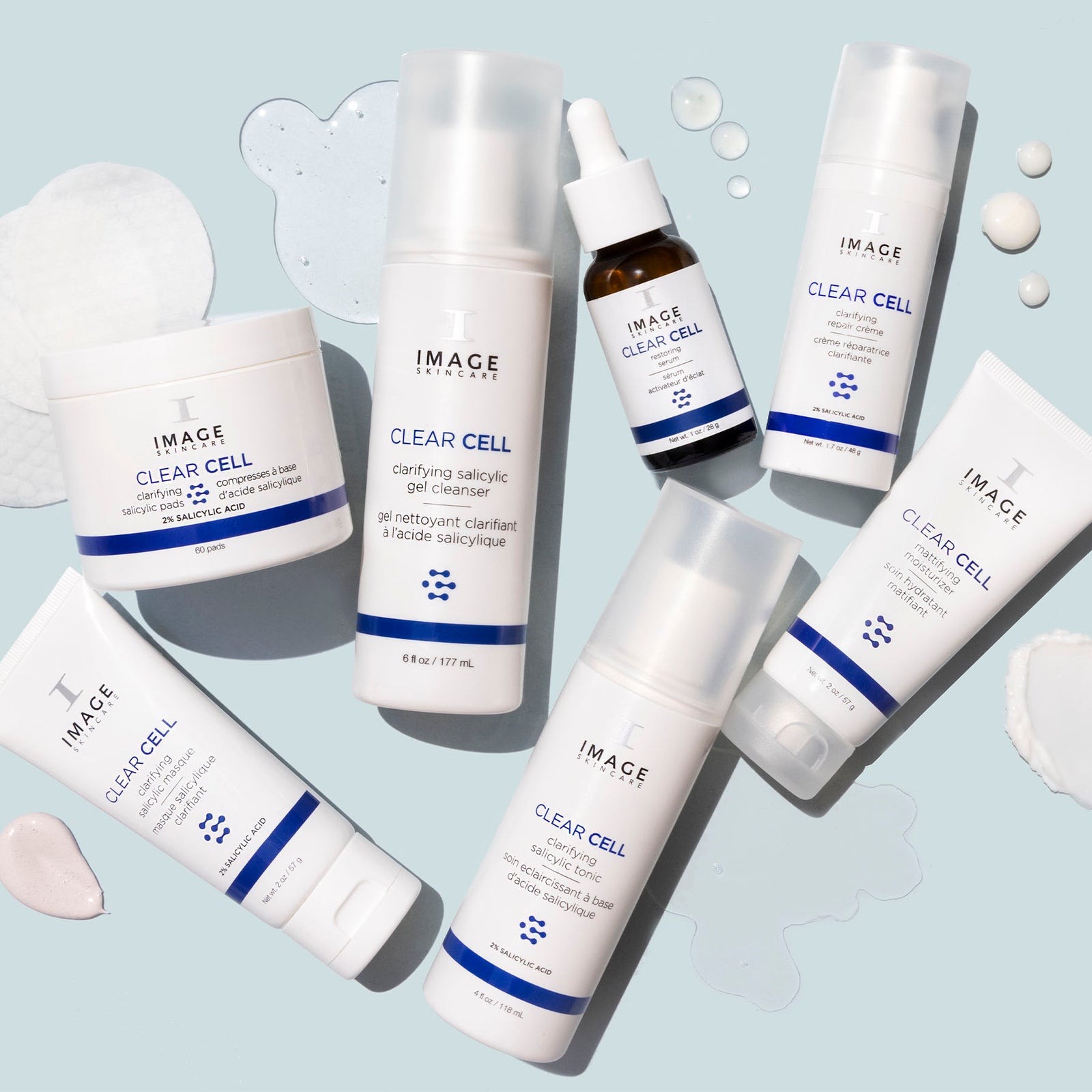 Full clear cell collection products on blue background