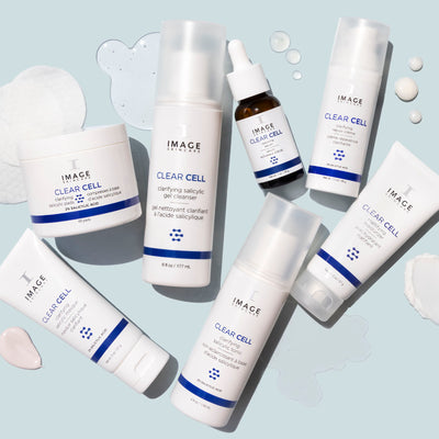 Full clear cell collection products on blue background
