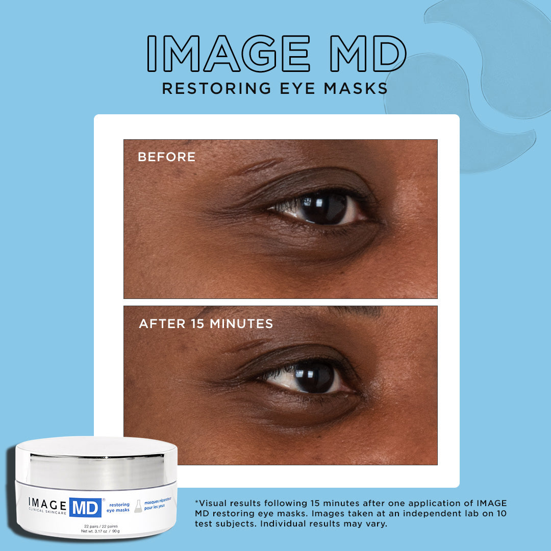 Before and after comparison of a woman using the restoring eye masks