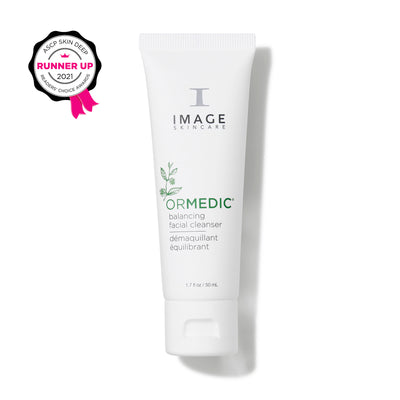 Tube of Image Skincare Ormedic Balancing Facial Cleanser on a white background with a 2021 ASCP Skin Deep award badge.